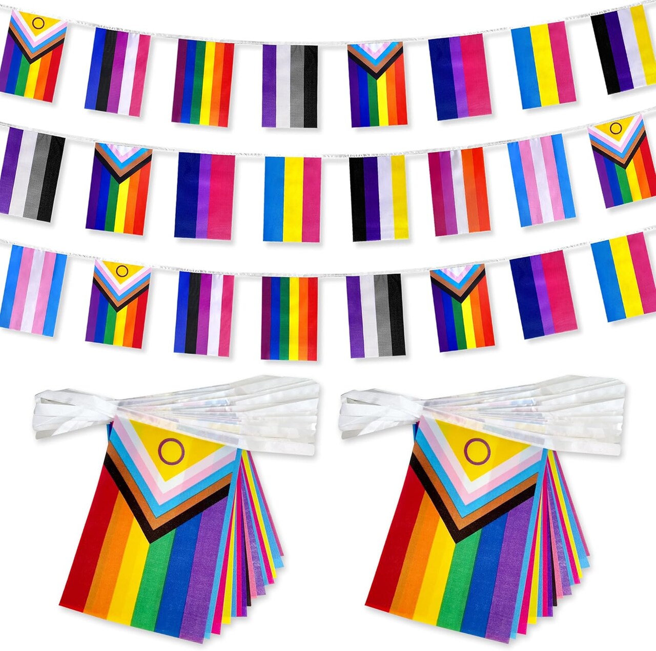2 Packs New Intersex Progress Rainbow Gay All Pride Flags Banner String Set Small Mini LGBTQ Inclusive Bunting Flags Decoration,60 Feet 40 Flags